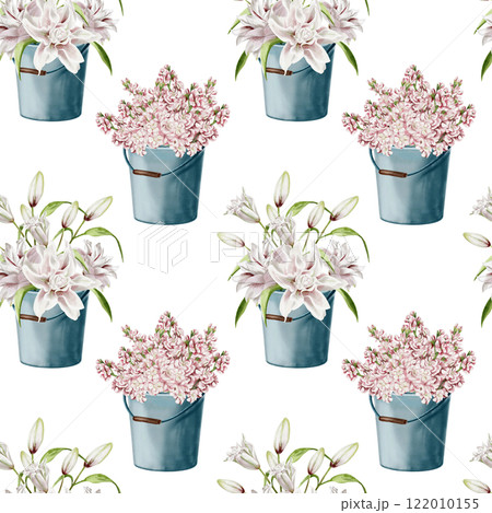 Flowers in a bucket or vase. Seamless pattern. watercolor illustration without background. Lilacs and lilies in delicate pastel shades. Pink spring flowers in a metal bucket. Garden flowers.  122010155