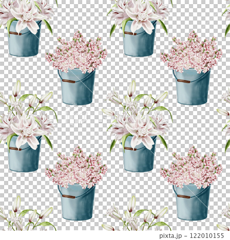 Flowers in a bucket or vase. Seamless pattern. watercolor illustration without background. Lilacs and lilies in delicate pastel shades. Pink spring flowers in a metal bucket. Garden flowers.  122010155