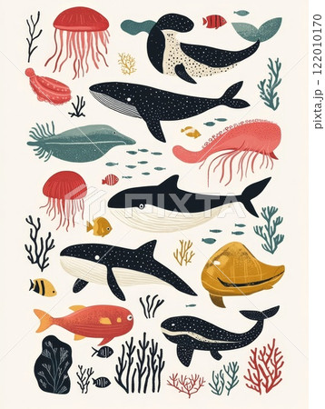 Sea animal watercolor pattern Illustration background. 122010170