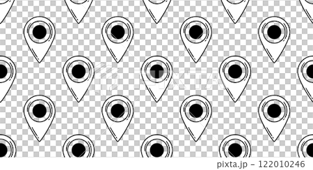 A seamless black-and-white pattern featuring hand-drawn location pins, perfect for navigation, maps, and geolocation-themed designs. 122010246