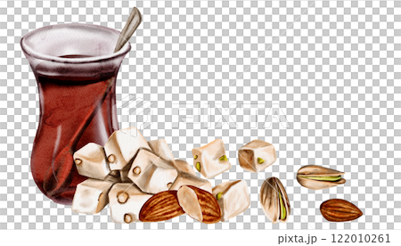 Tea in a glass with a spoon. Black classic Turkish drink. Different types of lokum with nuts and pistachios. Watercolor illustration. Tea in a glass with a spoon. Black classic Turkish drink. Different types of lokum with nuts and pistachios. Watercolor illustration. 122010261