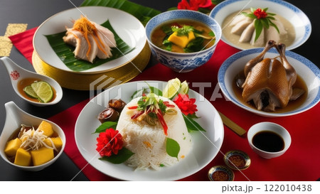 Traditional Asian feast with rice and soup Traditional Asian feast with rice and soup 122010438