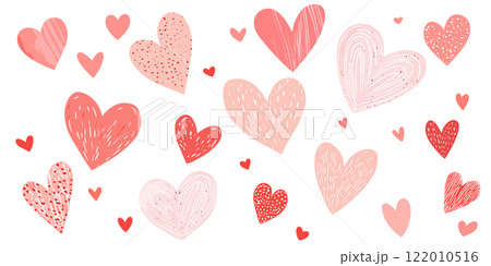 さまざまな模様のピンクと赤色のハートセット。ベクターイラスト 122010516