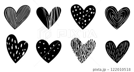 さまざまな模様の黒色のハートセット。ベクターイラスト 122010518