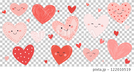 Set of pink and red hearts with various patterns and smiling faces. Vector illustration 122010519