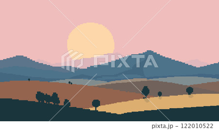Sunrise in mountains. Pixel vector landscape. Vintage color palette 122010522