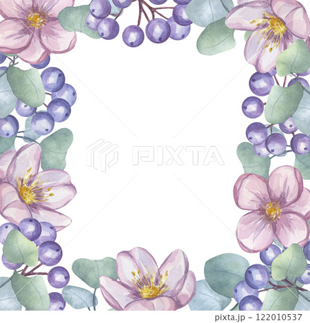 Blue dogwood berries, pink flower, eucalyptus leaves square frame. Greenery foliage clipart. Hand drawn watercolor illustration background. Botanical art for wedding invitation, save the date 122010537