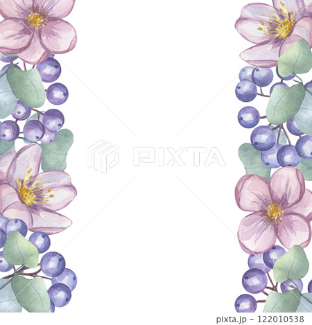 Border frame blue dogwood berries, pink flower, eucalyptus leaves. Greenery foliage clipart. Hand drawn watercolor illustration background. Botanical art for wedding invitation, save the date Border frame blue dogwood berries, pink flower, eucalyptus leaves. Greenery foliage clipart. Hand drawn watercolor illustration background. Botanical art for wedding invitation, save the date 122010538