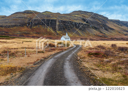 The traditional and typical Breidabolsstadarkirkja church on the island of Iceland 122010823