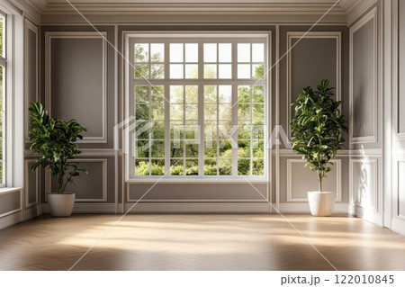 Elegant empty room, wooden floors and gray walls, white moulding and large window with nature view, gentle ambient lighting. Elegant empty room, wooden floors and gray walls, white moulding and large window with nature view, gentle ambient lighting. 122010845