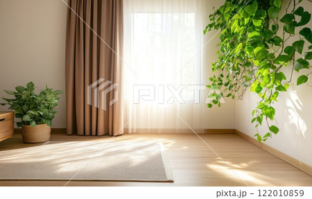Green plant against a white wall, modern living room with brown curtain and wooden floor, plant in a corner, diffused daylight. 122010859