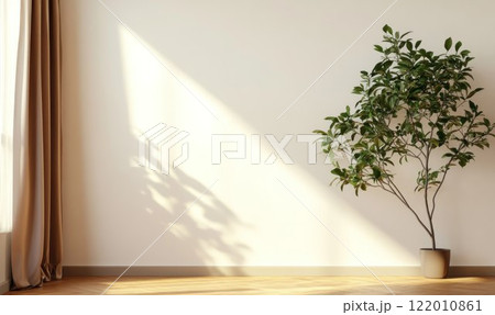 Green plant against a white wall, modern living room with brown curtain and wooden floor, plant in a corner, diffused daylight. 122010861