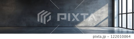 Industrial room with a gray wall, concrete floor, minimalist design, diffused lighting. Banner with copy space. Industrial room with a gray wall, concrete floor, minimalist design, diffused lighting. Banner with copy space. 122010864