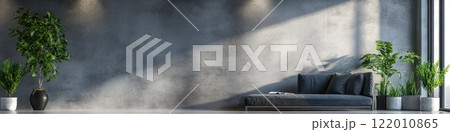 Industrial room with a gray wall, concrete floor, minimalist design, diffused lighting. Banner with copy space. Industrial room with a gray wall, concrete floor, minimalist design, diffused lighting. Banner with copy space. 122010865