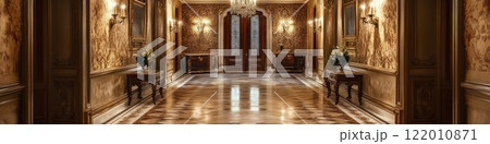 Luxurious hallway in an antique mansion, vintage wallpaper and intricate stucco, baroque design with elegant decor, gentle overhead lighting. Luxurious hallway in an antique mansion, vintage wallpaper and intricate stucco, baroque design with elegant decor, gentle overhead lighting. 122010871