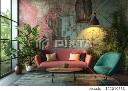 Trendy hipster interior, mix of vintage and modern elements, vibrant colors and unique decor, gentle ambient lighting. 122010888
