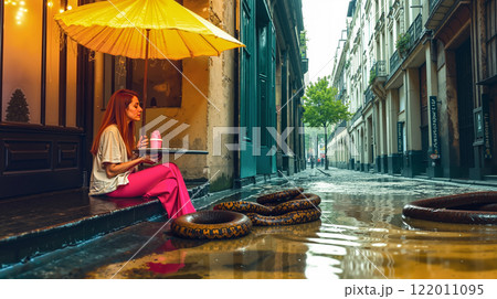 A woman sitting on a bench under an umbrella in the rain 122011095