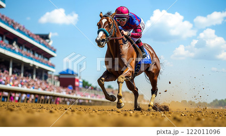 A jockey riding a horse on a dirt track in front of a crowd 122011096