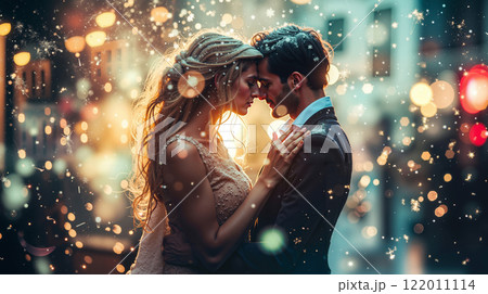 A man and a woman standing next to each other in the middle of a city 122011114