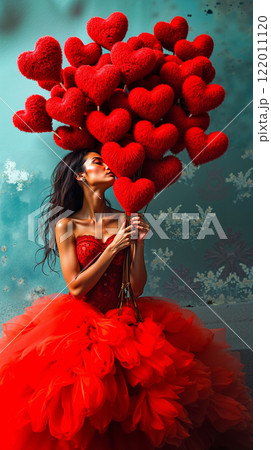 A woman in a red dress holding a bunch of red hearts 122011120