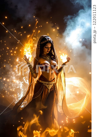 A woman in a belly dance costume holding a fire in her hands 122011123