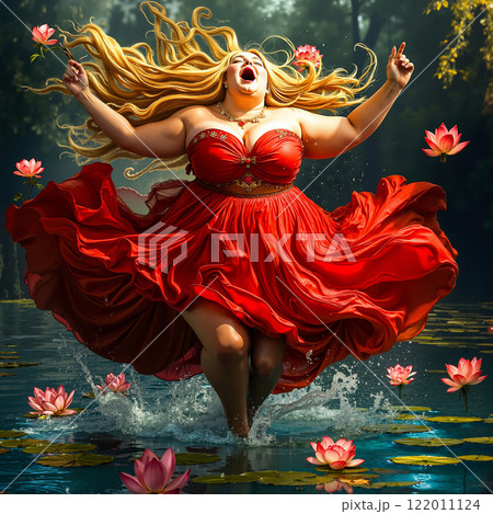 A woman in a red dress is dancing in the water surrounded by water lilies 122011124