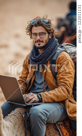 A man sitting on a camel with a laptop computerのイラスト素材 [122011131] - PIXTA