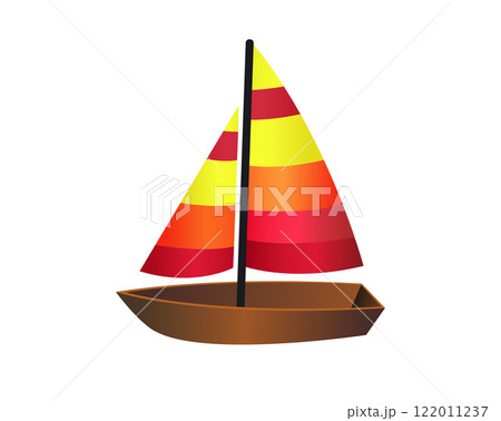Side of brown wooden sailing boat icon with mix of yellow, orange and red sails 122011237