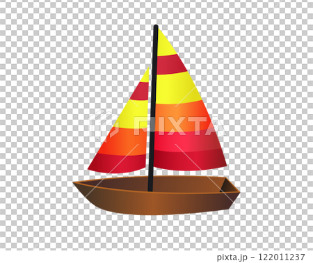 Side of brown wooden sailing boat icon with mix of yellow, orange and red sails 122011237