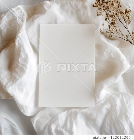 Boho styled blank white paper invitation card mockup, stationery template, natural organic beige decor with dried plants and flowers, real sunlight and soft shadows 122011296