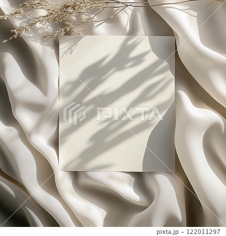 Boho styled blank white paper invitation card mockup, stationery template, natural organic beige decor with dried plants and flowers, real sunlight and soft shadows 122011297