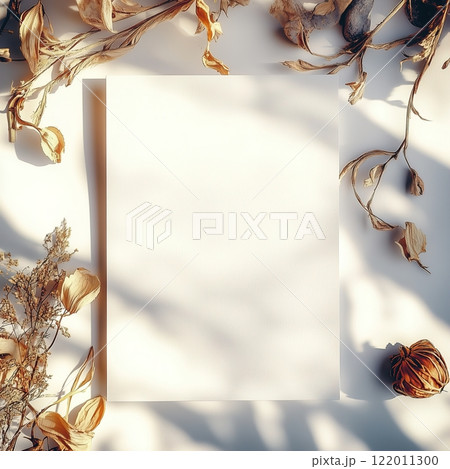 Boho styled blank white paper invitation card mockup, stationery template, natural organic beige decor with dried plants and flowers, real sunlight and soft shadows 122011300