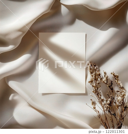 Boho styled blank white paper invitation card mockup, stationery template, natural organic beige decor with dried plants and flowers, real sunlight and soft shadows 122011301