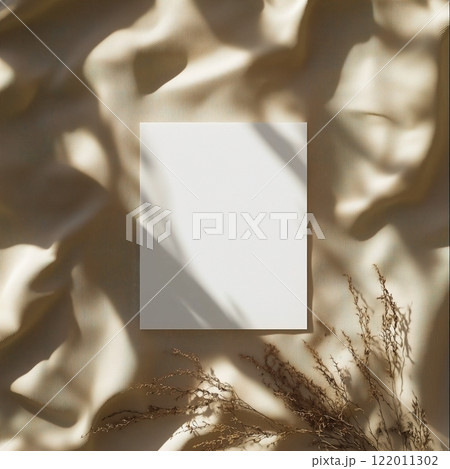 Boho styled blank white paper invitation card mockup, stationery template, natural organic beige decor with dried plants and flowers, real sunlight and soft shadows 122011302