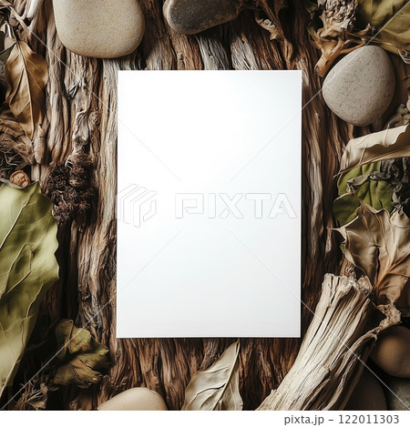 Boho styled blank white paper invitation card mockup, stationery template, natural organic beige decor with dried plants and flowers, real sunlight and soft shadows 122011303
