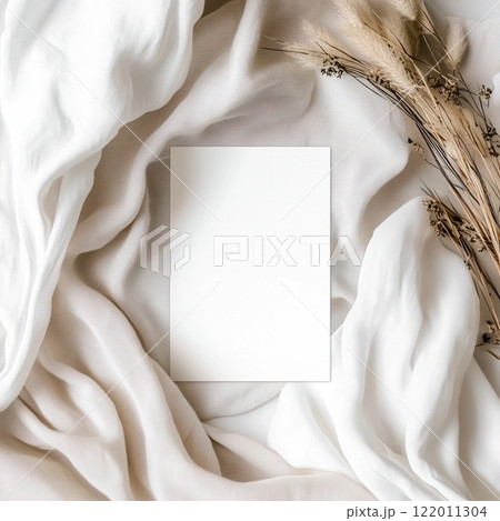Boho styled blank white paper invitation card mockup, stationery template, natural organic beige decor with dried plants and flowers, real sunlight and soft shadows 122011304