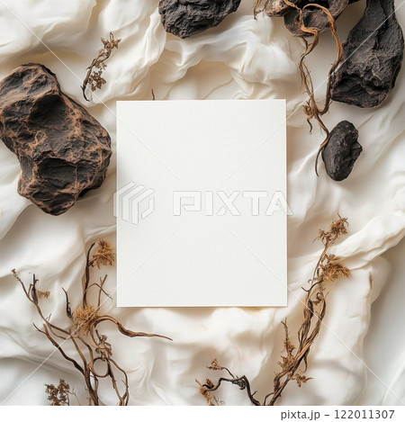 Boho styled blank white paper invitation card mockup, stationery template, natural organic beige decor with dried plants and flowers, real sunlight and soft shadows 122011307