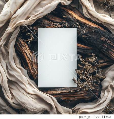 Boho styled blank white paper invitation card mockup, stationery template, natural organic beige decor with dried plants and flowers, real sunlight and soft shadows 122011308