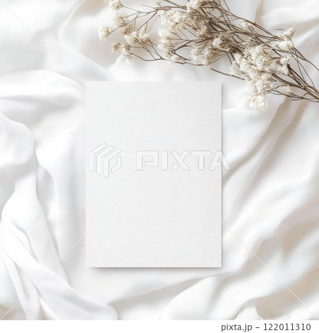 Boho styled blank white paper invitation card mockup, stationery template, natural organic beige decor with dried plants and flowers, real sunlight and soft shadows 122011310