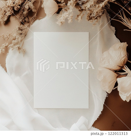 Boho styled blank white paper invitation card mockup, stationery template, natural organic beige decor with dried plants and flowers, real sunlight and soft shadows Boho styled blank white paper invitation card mockup, stationery template, natural organic beige decor with dried plants and flowers, real sunlight and soft shadows 122011313