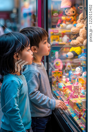 Two children looking at toys in a toy store Two children looking at toys in a toy store 122011402