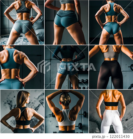 A collage of photos of a woman in a sports bra top and shorts 122011430