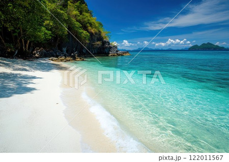 Scenic tropical beach with crystal clear blue waters and white sandy shores. 122011567