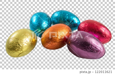 Colorful chocolate eggs wrapped in foil on a white background 122011621