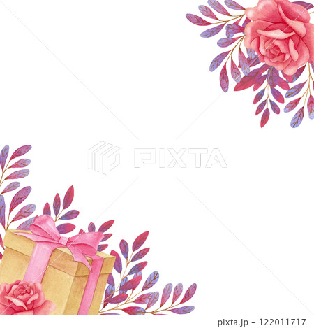 Watercolor corner frame with gift box, roses and pink violet brunches. 122011717
