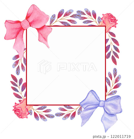 Watercolor square frame with pink and violet bows, roses and violet rose brunches.  122011719