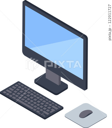 Isometric view of a desktop computer setup, featuring a monitor, keyboard, and mouse on a mousepad, representing modern workplace technology and digital productivity Isometric view of a desktop computer setup, featuring a monitor, keyboard, and mouse on a mousepad, representing modern workplace technology and digital productivity 122011727