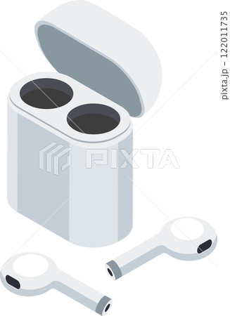 Modern white true wireless earphones charging inside an open white case, featuring a sleek isometric view against a clean white background, highlighting their minimalist design 122011735