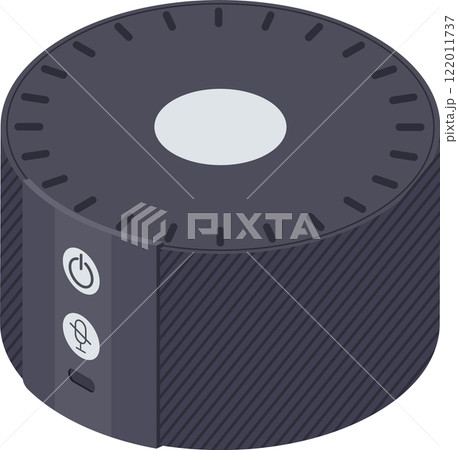 Modern smart speaker with touch sensitive surface and physical buttons for power and mute, featuring a sleek, minimalist design in a contemporary isometric perspective 122011737