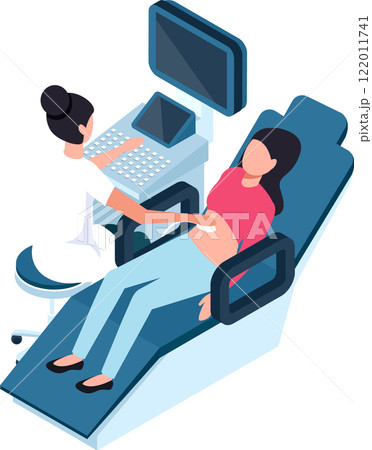 Female doctor using ultrasound scanner to examine pregnant woman lying on examination table, medical examination during pregnancy, healthcare and diagnostics concept 122011741